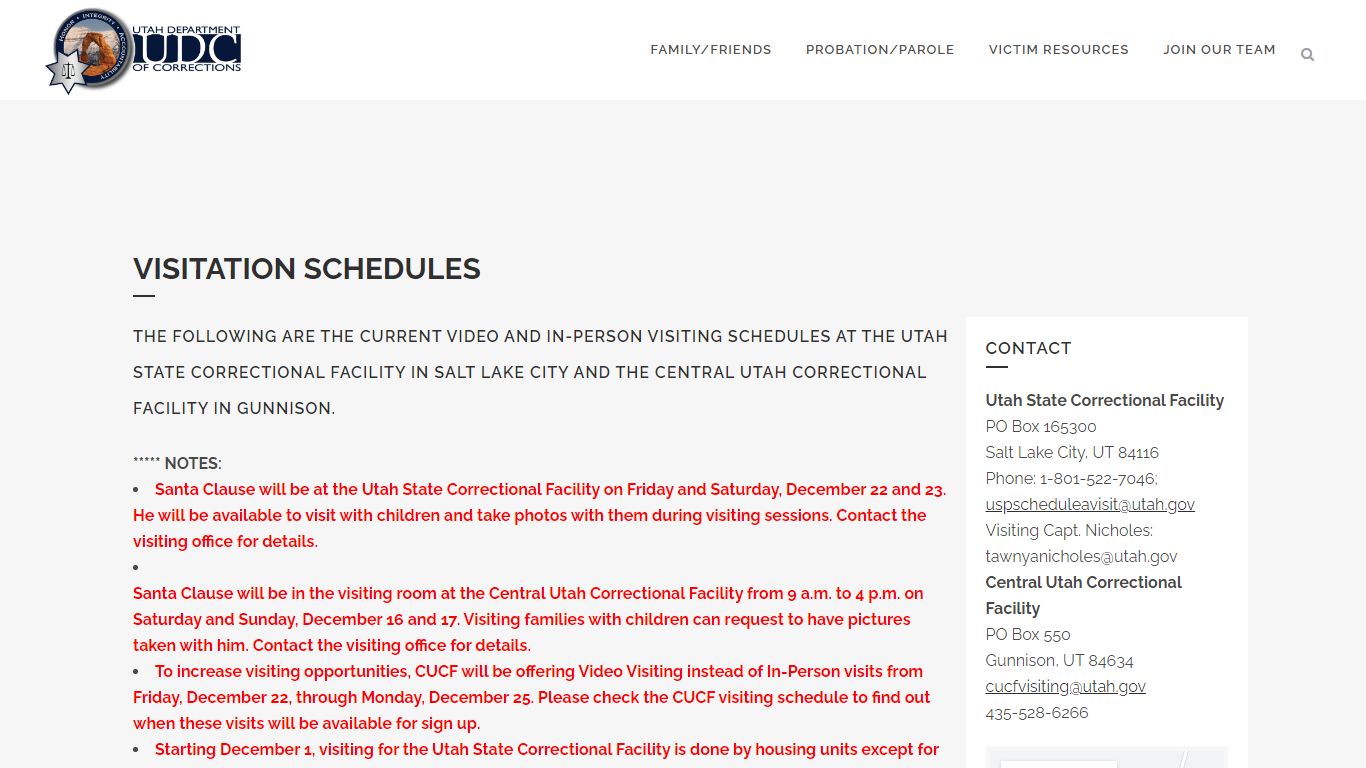 Visitation Schedules - Utah Department of Corrections