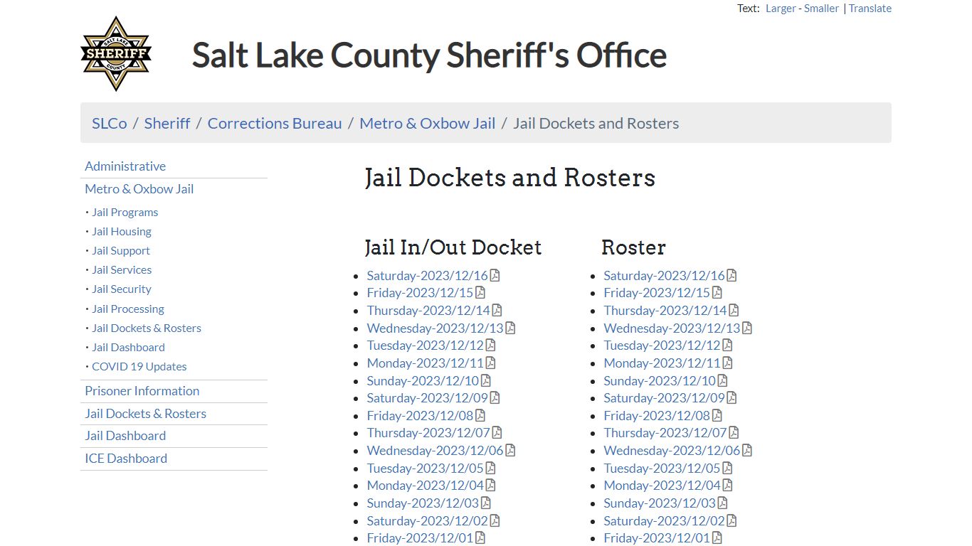 Jail Dockets and Rosters - Sheriff | SLCo - Salt Lake County